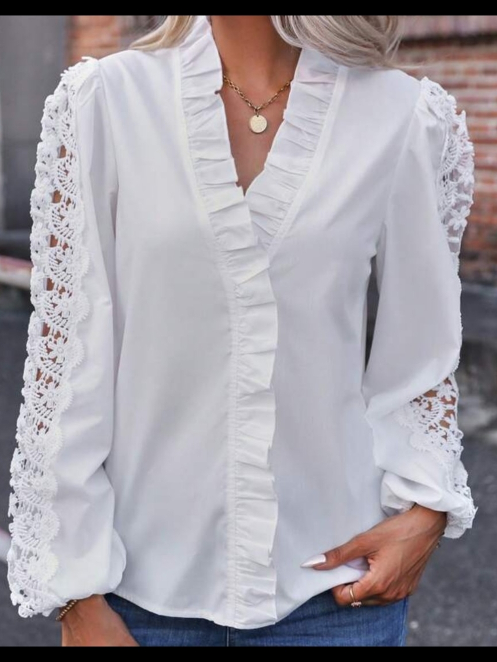 Women’s White Ruffle Lacey Sleeve Blouse